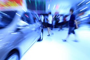 Zoom shot of the car exhibition site, blurred motion and zoom blur